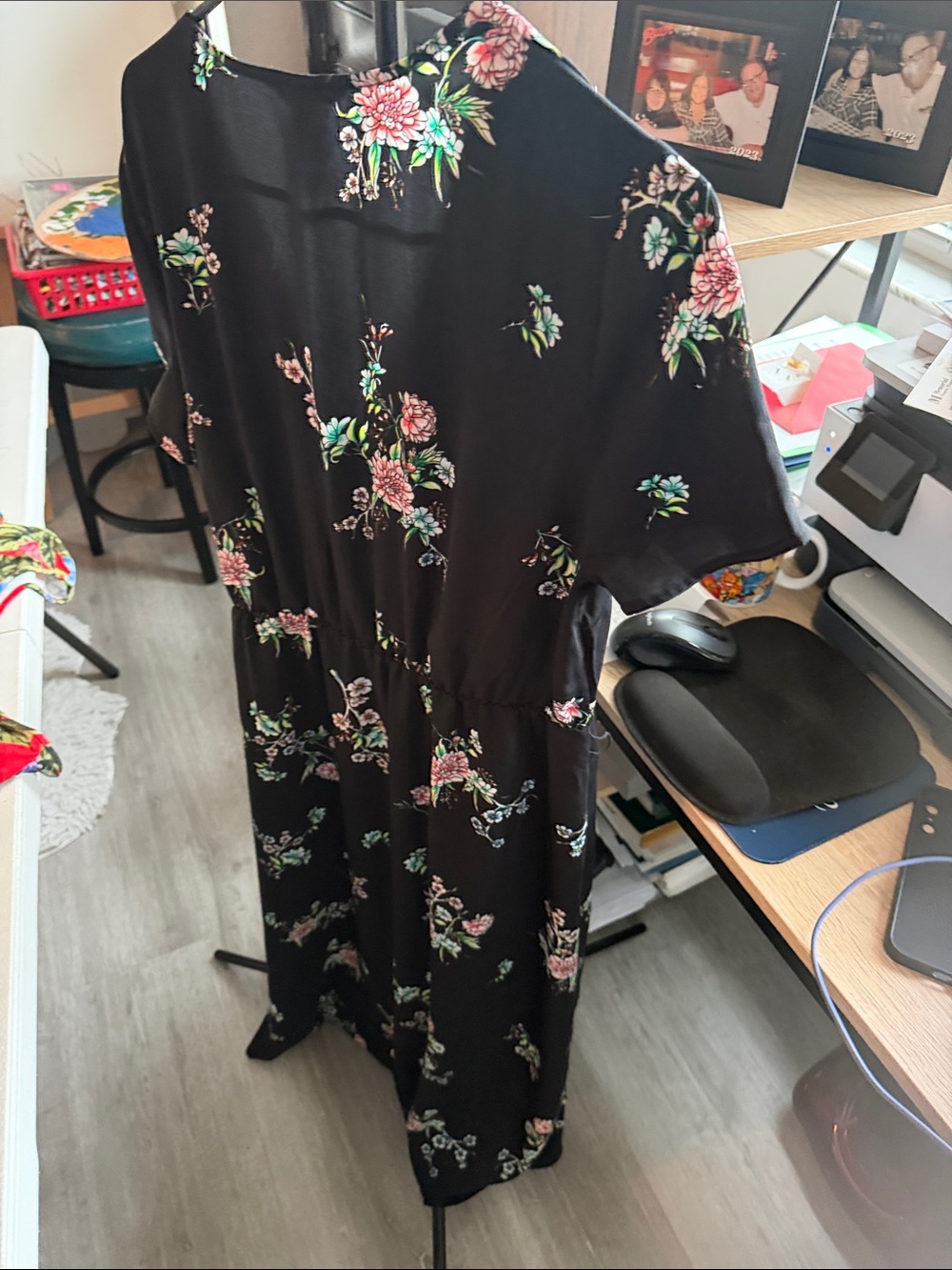 H&M Black Midi Wrap Dress with Pink and Green Floral Print - Picture 4 of 9